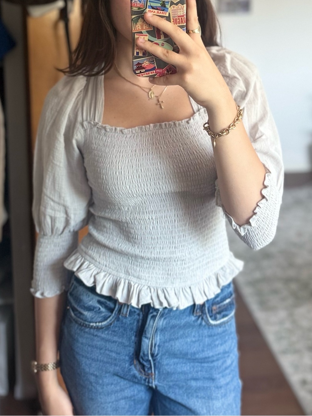 Smocked Ruffle Bodice Top - Light Gray